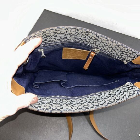 Coach Gallery Navy Blue Monogram W/ British Tan Leather Shoulder Tote F11526 - Picture 15 of 16